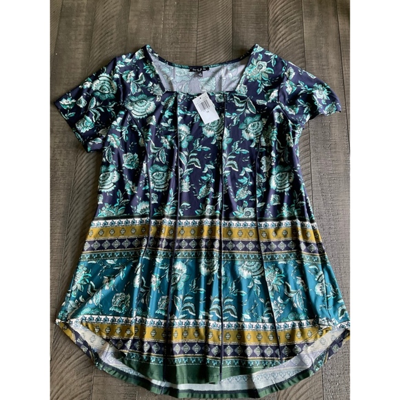 Sami & Jo Plus Floral Boho Top Navy Teal Mustard Short Sleeve 1X NWT - Picture 6 of 7
